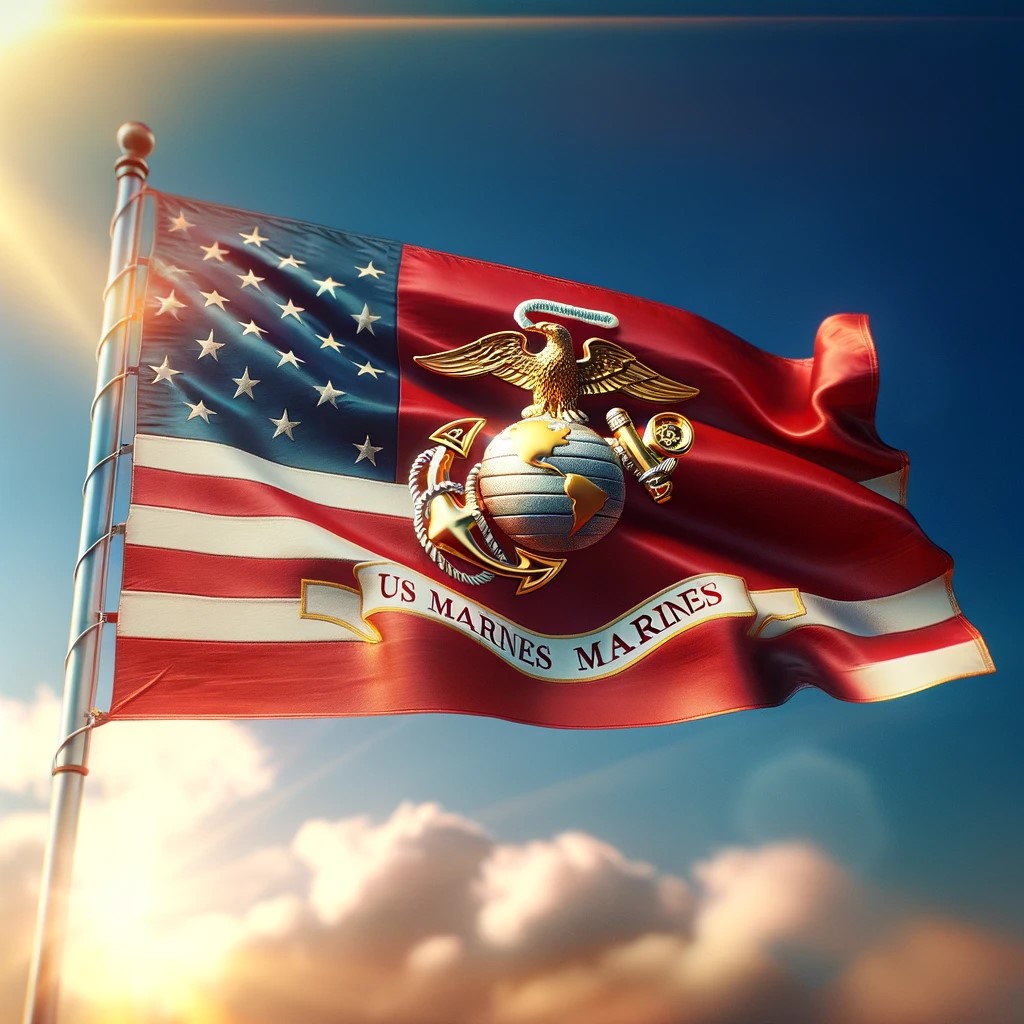 A-US-Marines-flag-featuring-the-Eagle-Globe-and-Anchor-emblem-flying-proudly-against-a-clear-blue-sky-on-a-bright-sunny-day