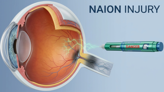Clinical 3D illustration showing a semaglutide medical injection pen linked to optic nerve head stroke, microvascular hypoperfusion, and sudden NAION blindness.